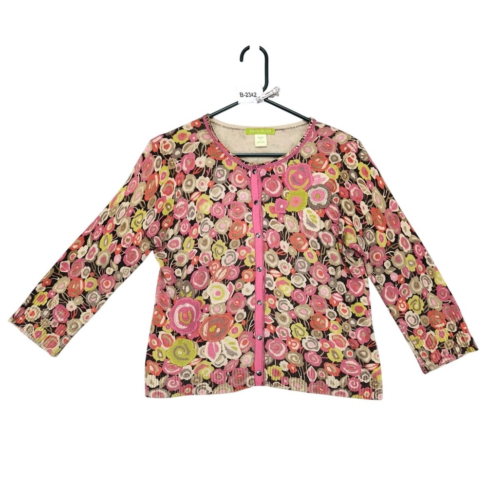 Sigrid Olsen Floral Silk Blend Cardigan Sweater Womens PM Applique Cottagecore